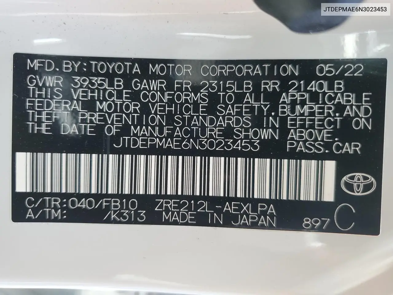 2022 Toyota Corolla Le VIN: JTDEPMAE6N3023453 Lot: 62895015