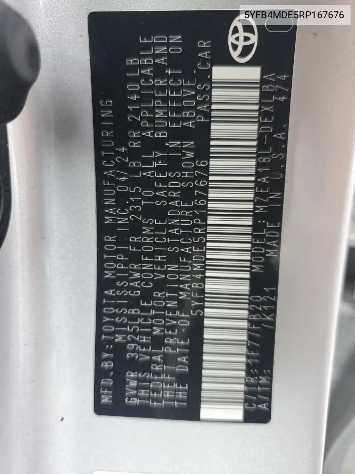 2024 Toyota Corolla Le VIN: 5YFB4MDE5RP167676 Lot: 61781495