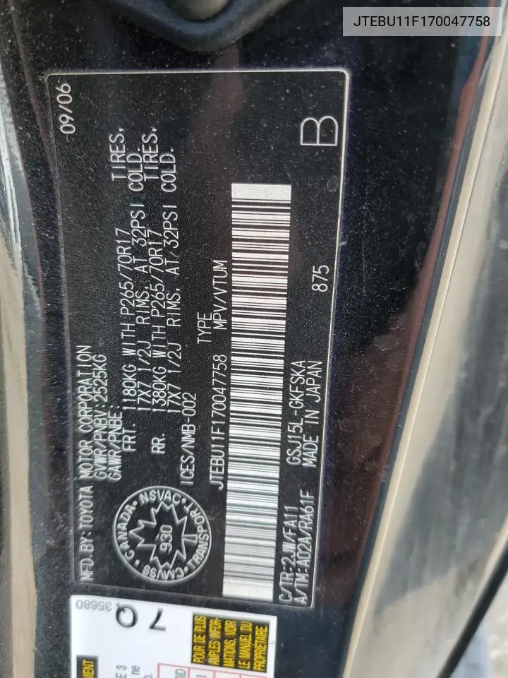 2007 Toyota Fj Cruiser VIN: JTEBU11F170047758 Lot: 62817545