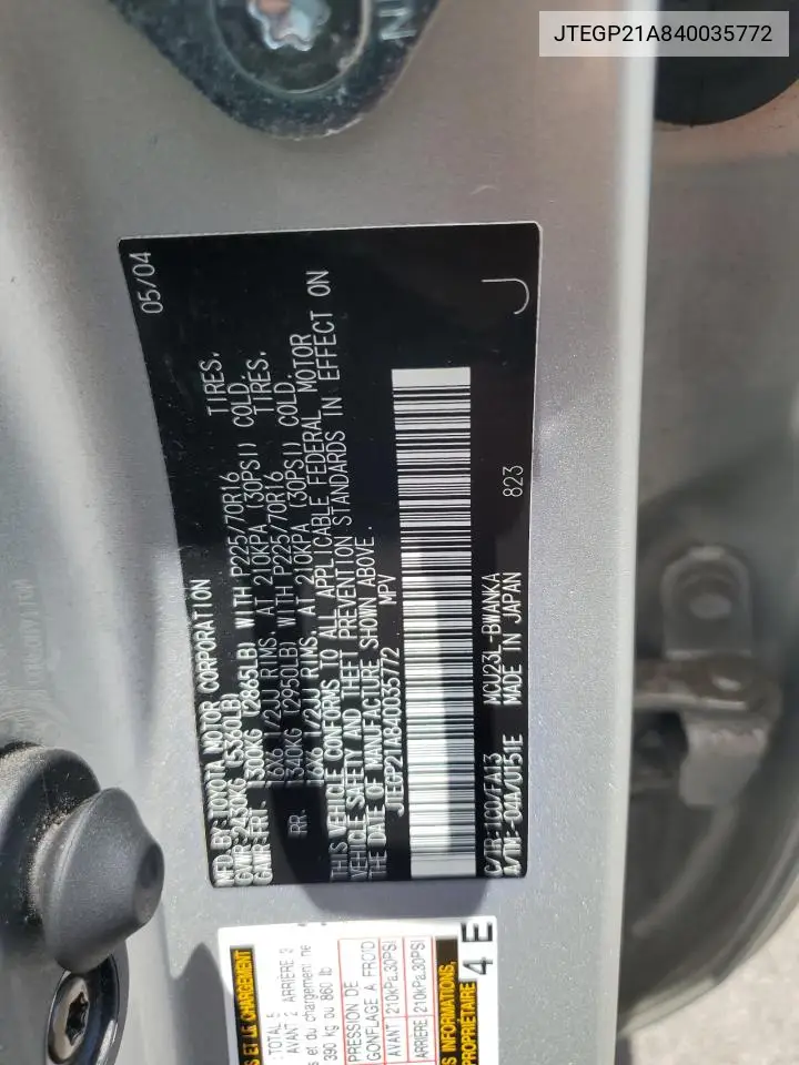 2004 Toyota Highlander Base VIN: JTEGP21A840035772 Lot: 61499755