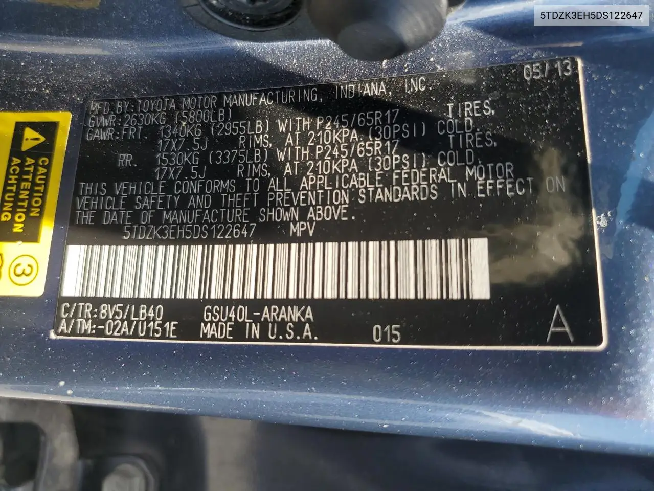 2013 Toyota Highlander Base VIN: 5TDZK3EH5DS122647 Lot: 62886325