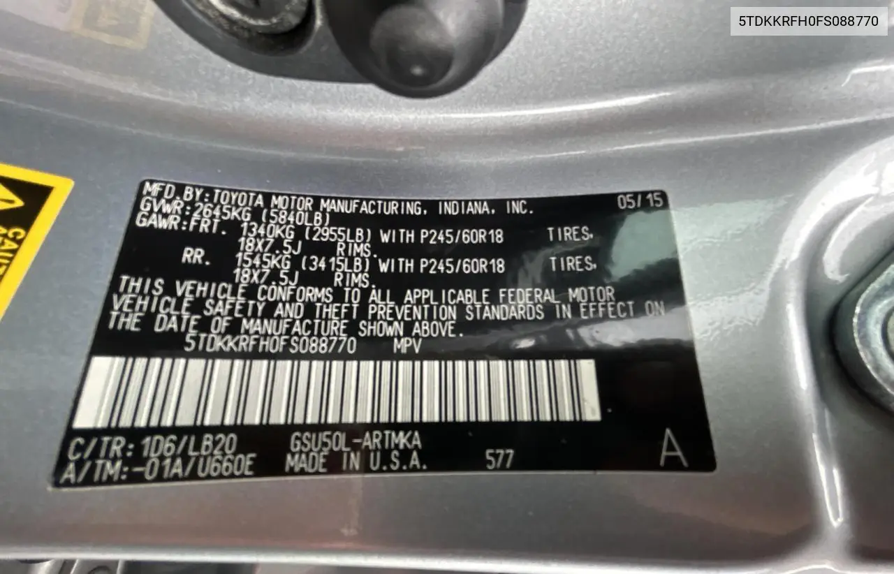 2015 Toyota Highlander Xle VIN: 5TDKKRFH0FS088770 Lot: 63278875