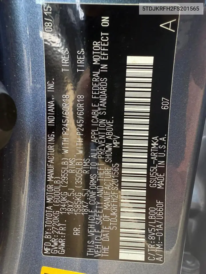 2015 Toyota Highlander Xle VIN: 5TDJKRFH2FS201565 Lot: 63618945