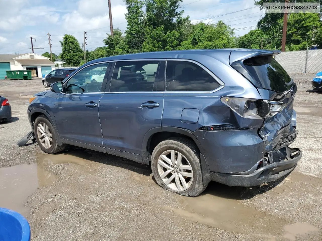 2016 Toyota Highlander Le VIN: 5TDBKRFHXGS343703 Lot: 62392105