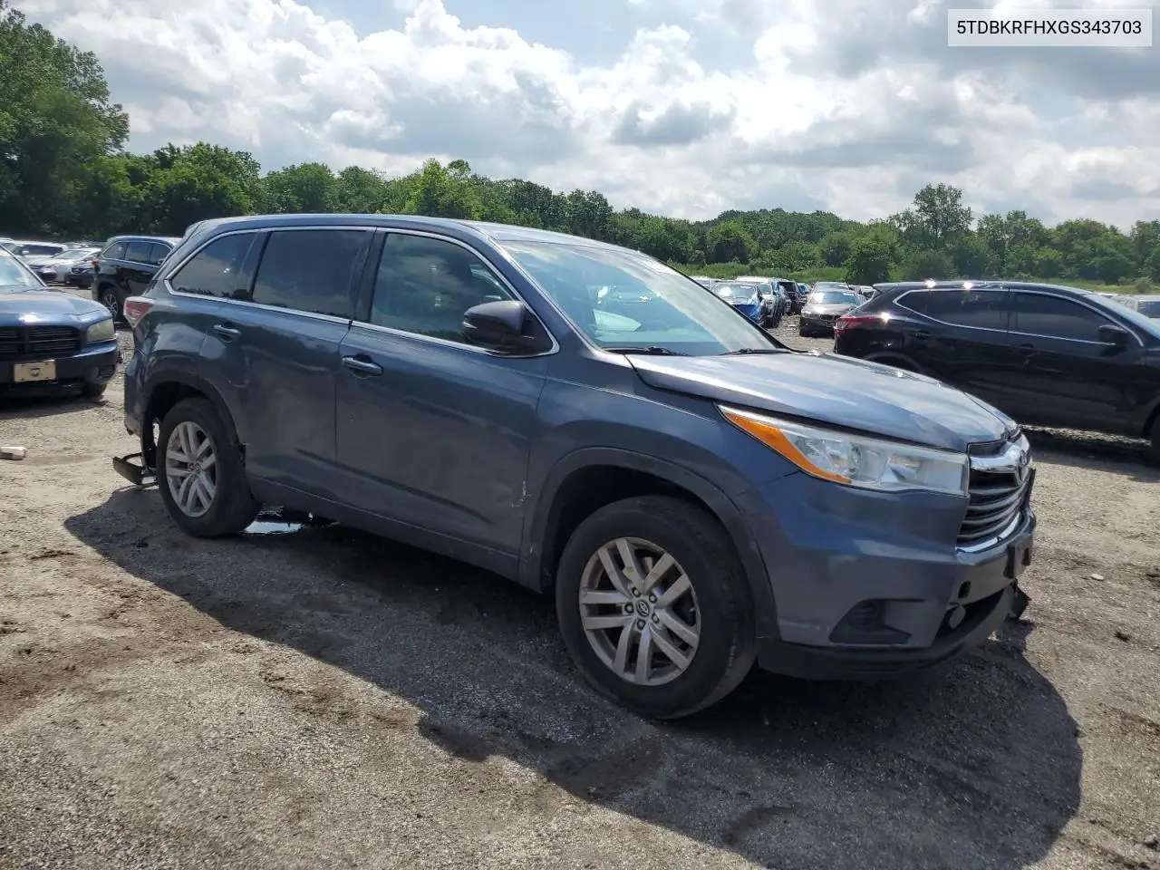 2016 Toyota Highlander Le VIN: 5TDBKRFHXGS343703 Lot: 62392105