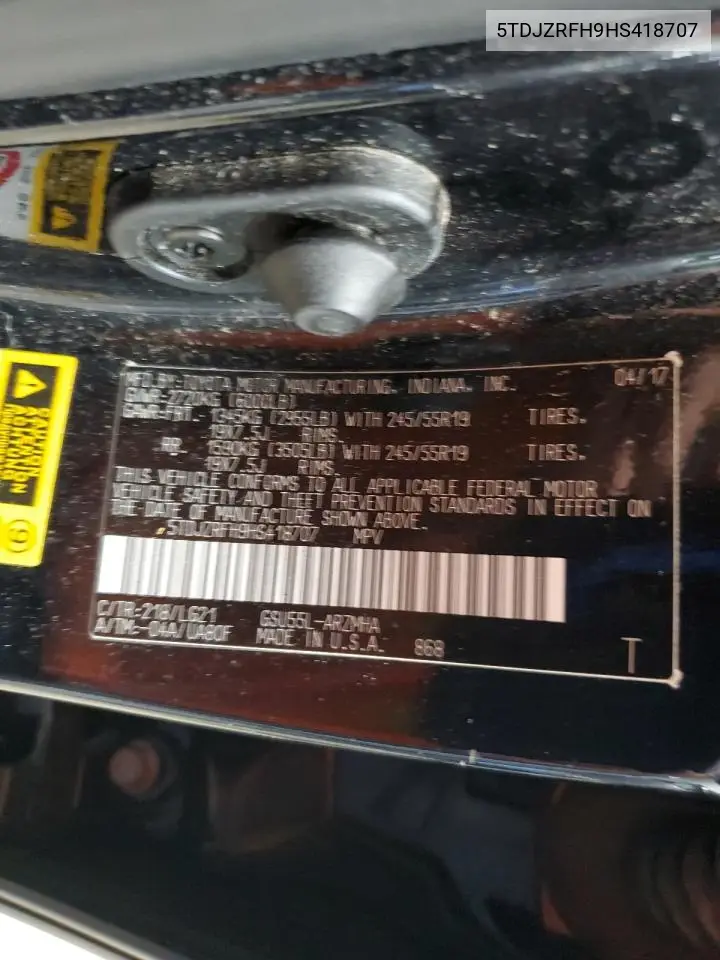 2017 Toyota Highlander Se VIN: 5TDJZRFH9HS418707 Lot: 62747345