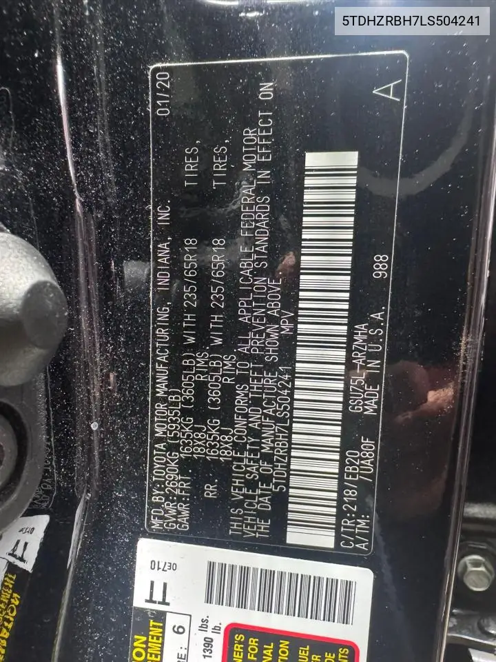 2020 Toyota Highlander Xle VIN: 5TDHZRBH7LS504241 Lot: 63534125