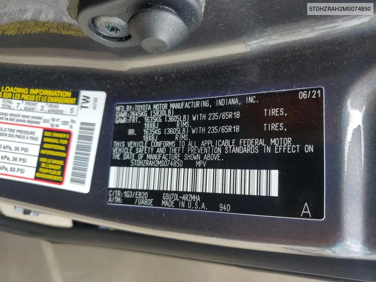 2021 Toyota Highlander Xle VIN: 5TDHZRAH2MS074850 Lot: 56060295