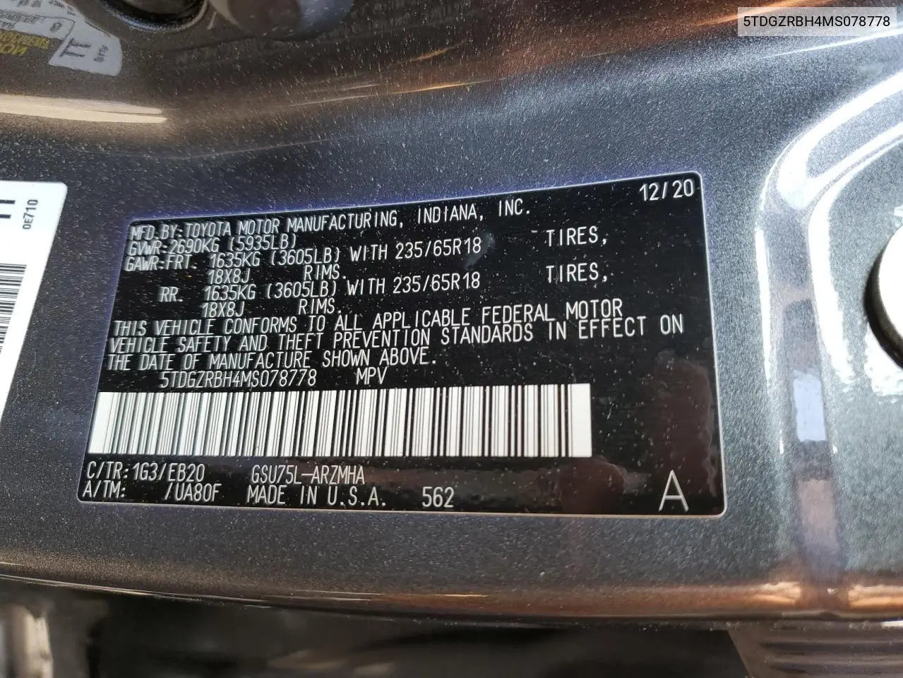 2021 Toyota Highlander Xle VIN: 5TDGZRBH4MS078778 Lot: 56496855