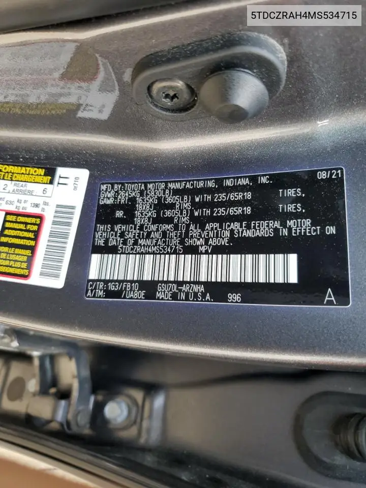 2021 Toyota Highlander L VIN: 5TDCZRAH4MS534715 Lot: 56737705