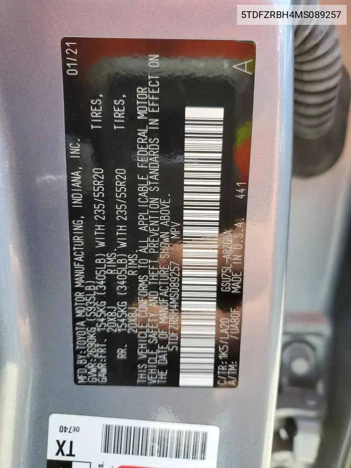 2021 Toyota Highlander Platinum VIN: 5TDFZRBH4MS089257 Lot: 59234275