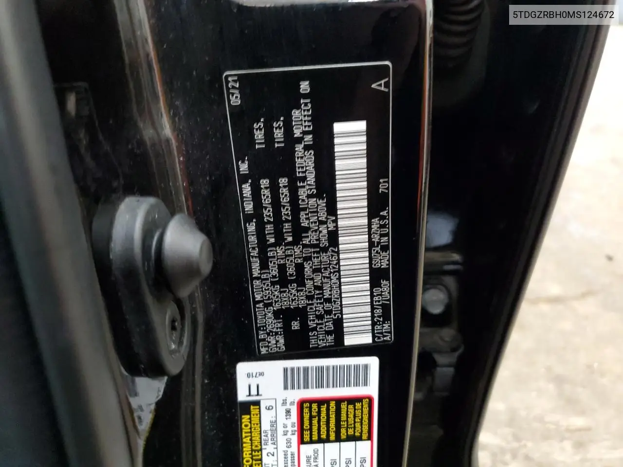 2021 Toyota Highlander Xle VIN: 5TDGZRBH0MS124672 Lot: 62711235