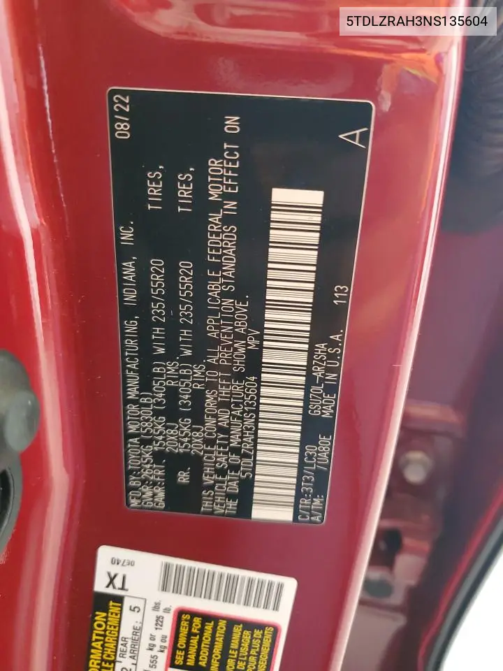 2022 Toyota Highlander Xse VIN: 5TDLZRAH3NS135604 Lot: 52286615