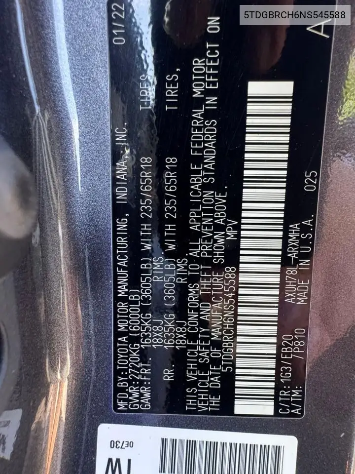 2022 Toyota Highlander Hybrid Xle VIN: 5TDGBRCH6NS545588 Lot: 57186835