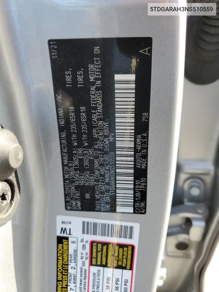 2022 Toyota Highlander Hybrid Xle VIN: 5TDGARAH3NS510559 Lot: 62008975