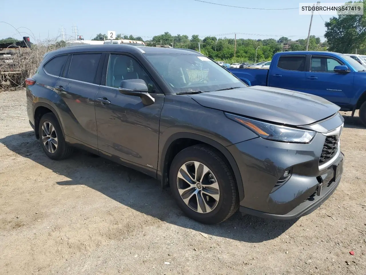2022 Toyota Highlander Hybrid Xle VIN: 5TDGBRCH4NS547419 Lot: 62028255