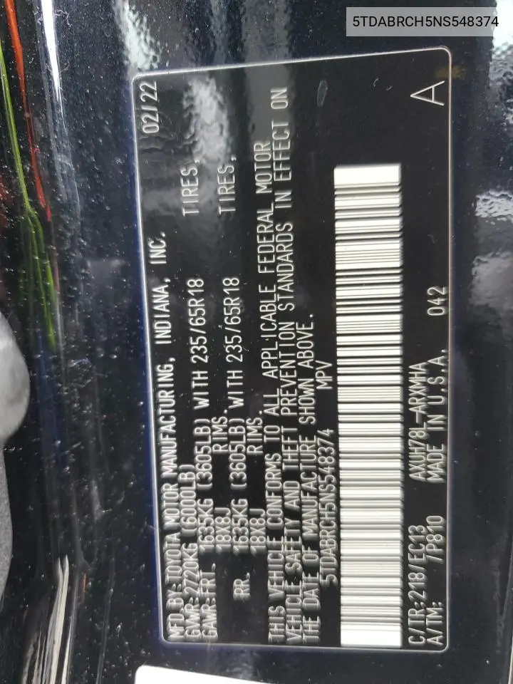 2022 Toyota Highlander Hybrid Xle VIN: 5TDABRCH5NS548374 Lot: 62456335