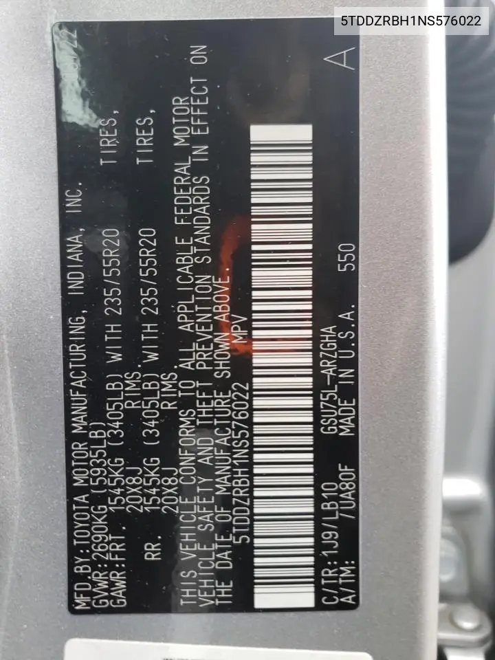 2022 Toyota Highlander Limited VIN: 5TDDZRBH1NS576022 Lot: 62467385