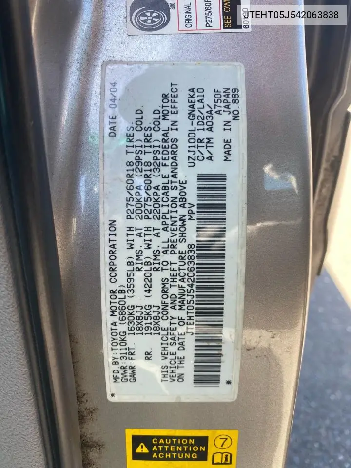 2004 Toyota Land Cruiser VIN: JTEHT05J542063838 Lot: 55477635