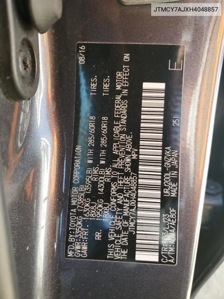 2017 Toyota Land Cruiser VIN: JTMCY7AJXH4048857 Lot: 52588945