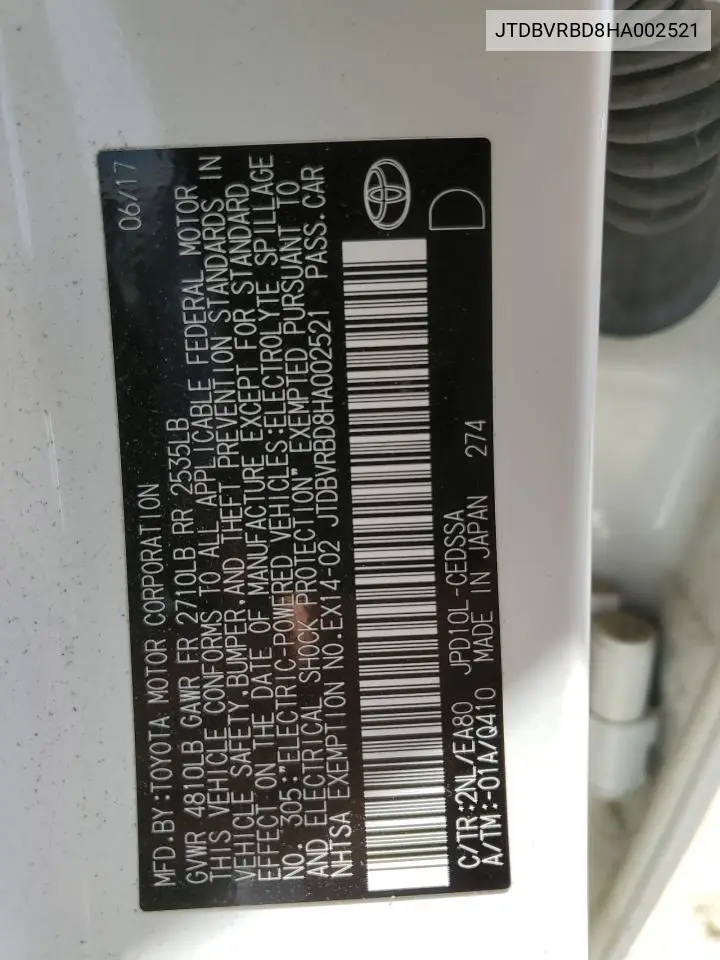 2017 Toyota Mirai VIN: JTDBVRBD8HA002521 Lot: 51705345