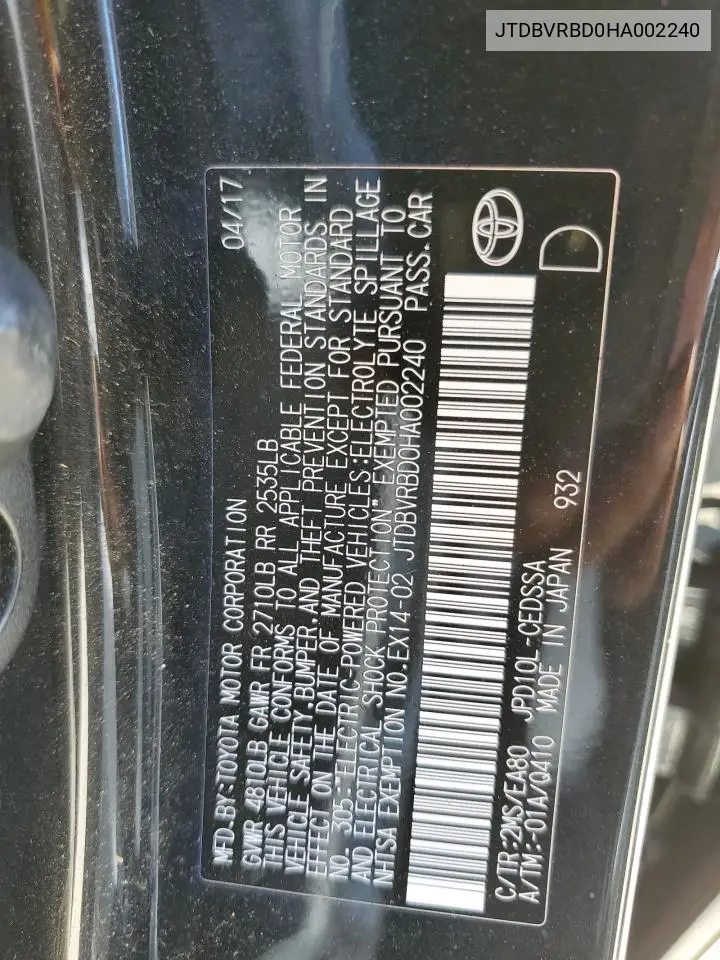 2017 Toyota Mirai VIN: JTDBVRBD0HA002240 Lot: 61055355
