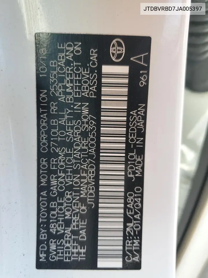 2018 Toyota Mirai VIN: JTDBVRBD7JA005397 Lot: 62319085
