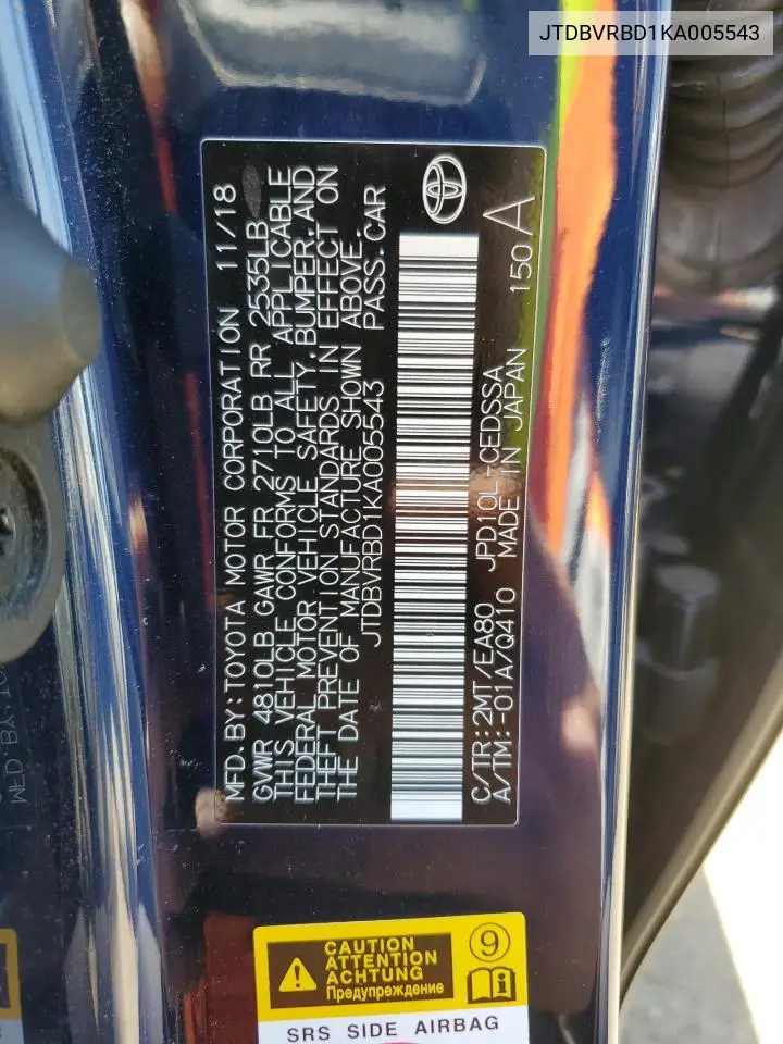 2019 Toyota Mirai VIN: JTDBVRBD1KA005543 Lot: 63121225