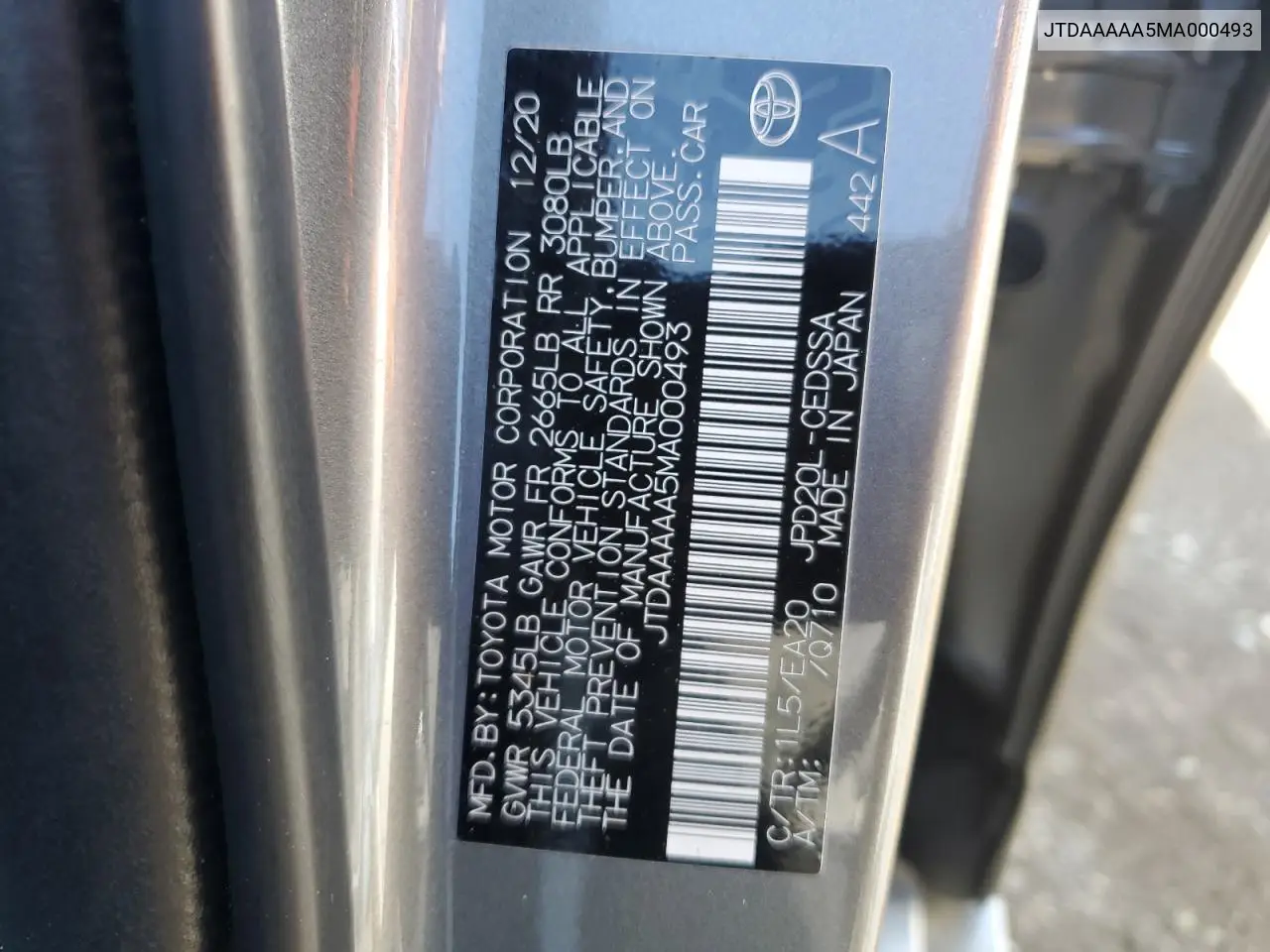 2021 Toyota Mirai Xle VIN: JTDAAAAA5MA000493 Lot: 49658895