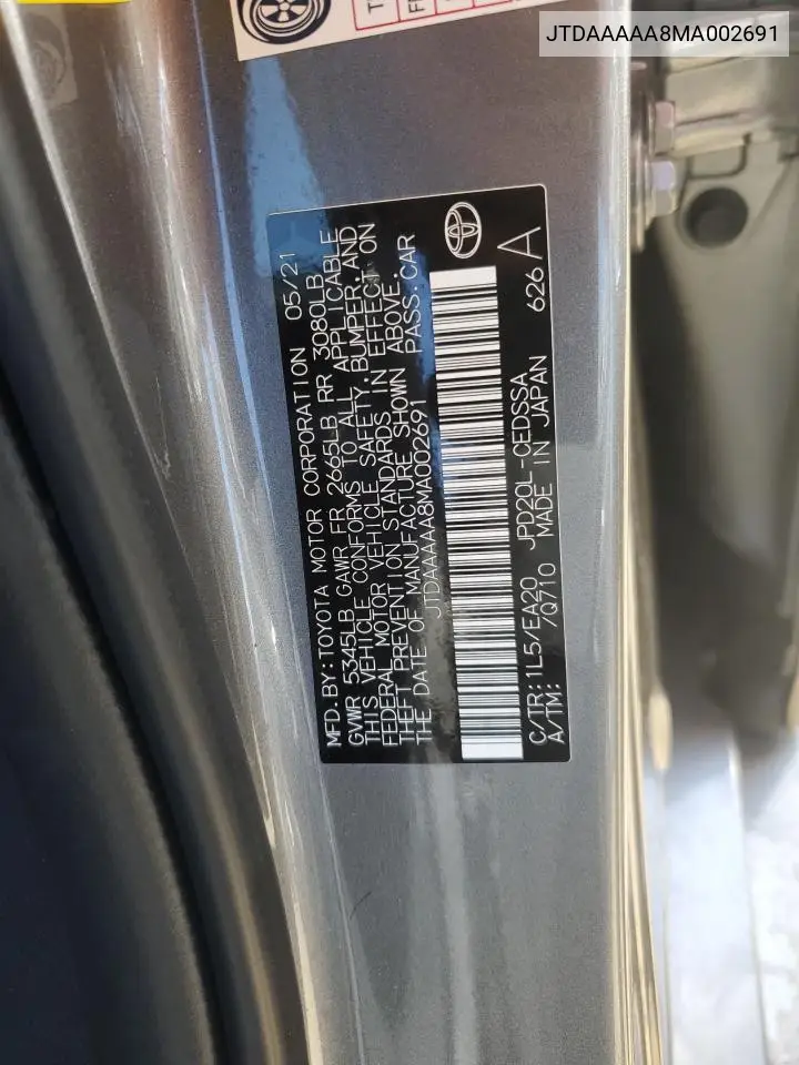 2021 Toyota Mirai Xle VIN: JTDAAAAA8MA002691 Lot: 57181465