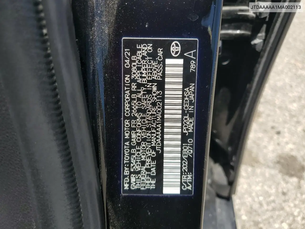 2021 Toyota Mirai Xle VIN: JTDAAAAA1MA002113 Lot: 60094585