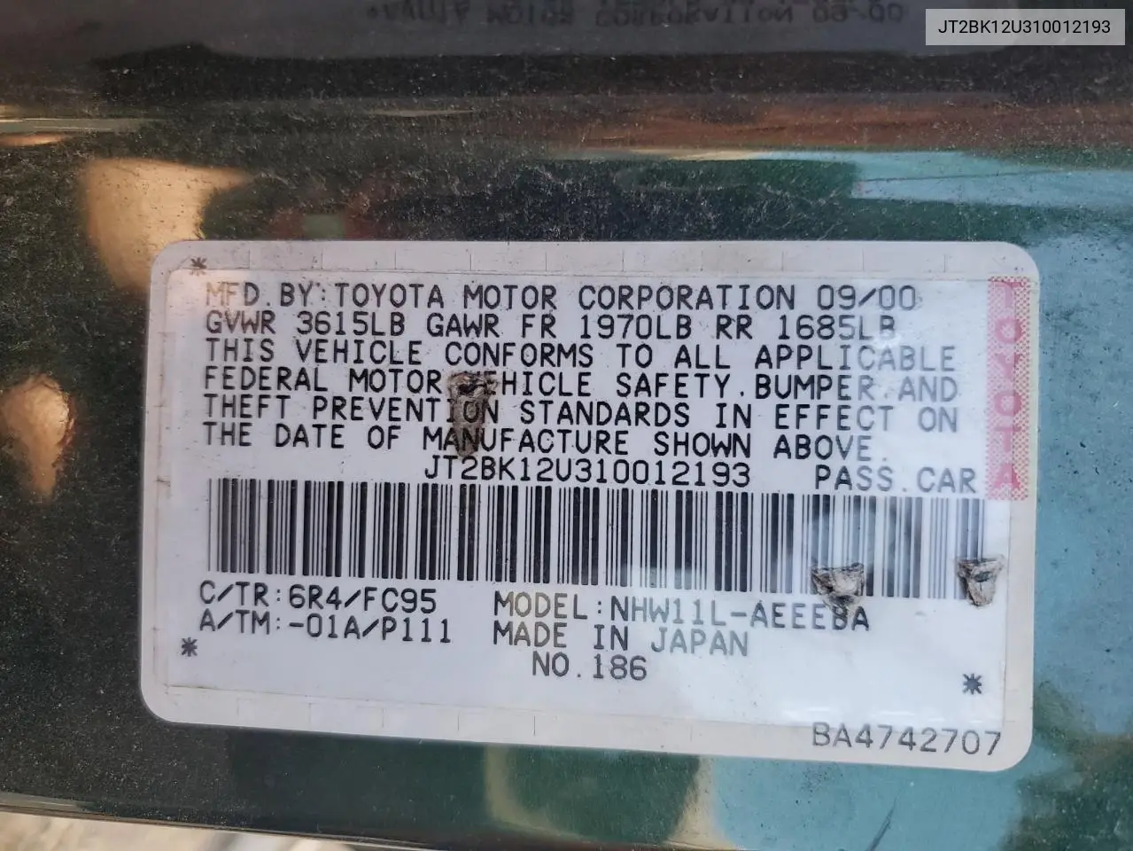 2001 Toyota Prius VIN: JT2BK12U310012193 Lot: 59108575