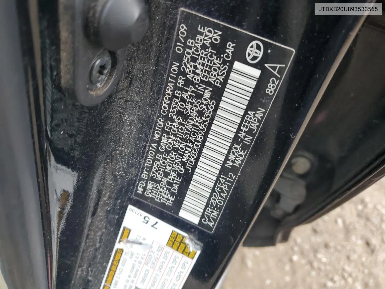 2009 Toyota Prius VIN: JTDKB20U893533565 Lot: 62498845