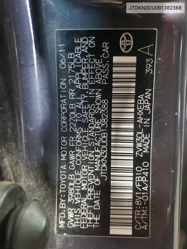 2011 Toyota Prius VIN: JTDKN3DU0B1382388 Lot: 63188705
