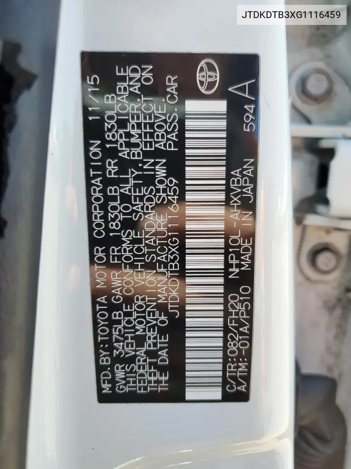 2016 Toyota Prius C VIN: JTDKDTB3XG1116459 Lot: 63313015