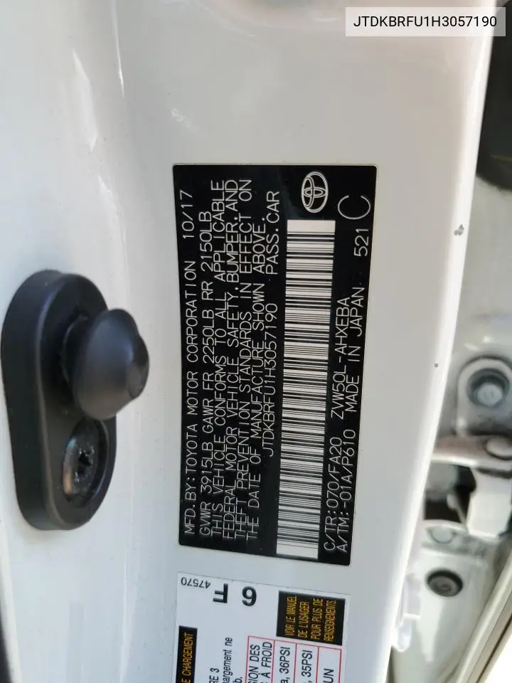 2017 Toyota Prius VIN: JTDKBRFU1H3057190 Lot: 62932025