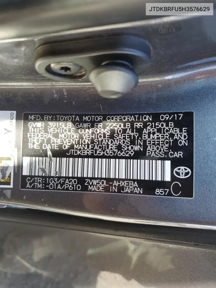 2017 Toyota Prius VIN: JTDKBRFU5H3576629 Lot: 63038995