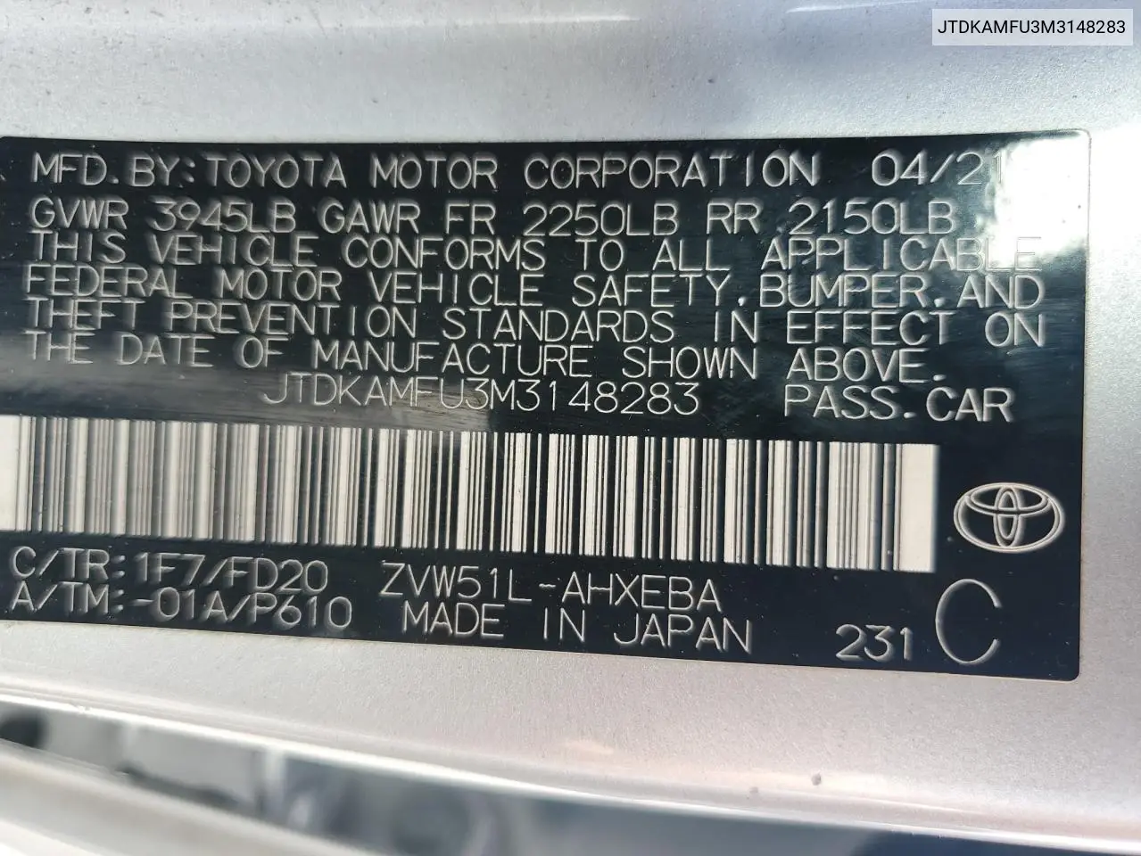 2021 Toyota Prius Special Edition VIN: JTDKAMFU3M3148283 Lot: 58578225