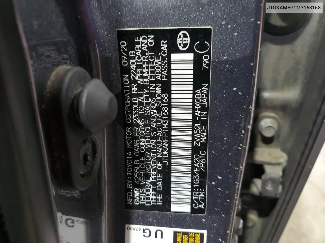 2021 Toyota Prius Prime Le VIN: JTDKAMFP1M3168168 Lot: 60358675
