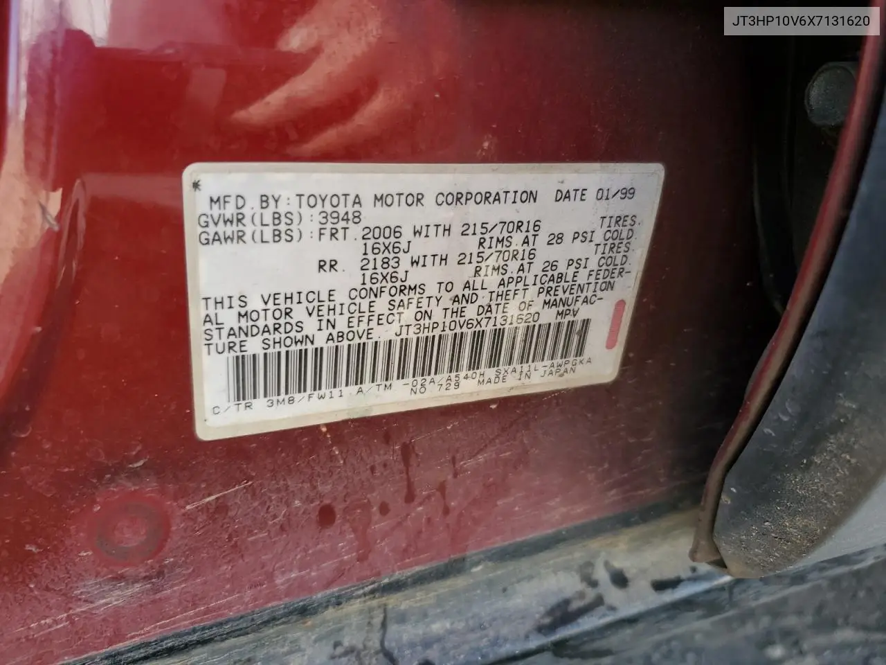 1999 Toyota Rav4 VIN: JT3HP10V6X7131620 Lot: 53558485