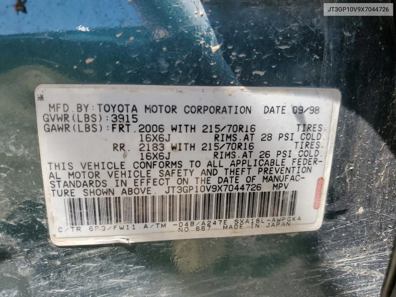 1999 Toyota Rav4 VIN: JT3GP10V9X7044726 Lot: 55180935