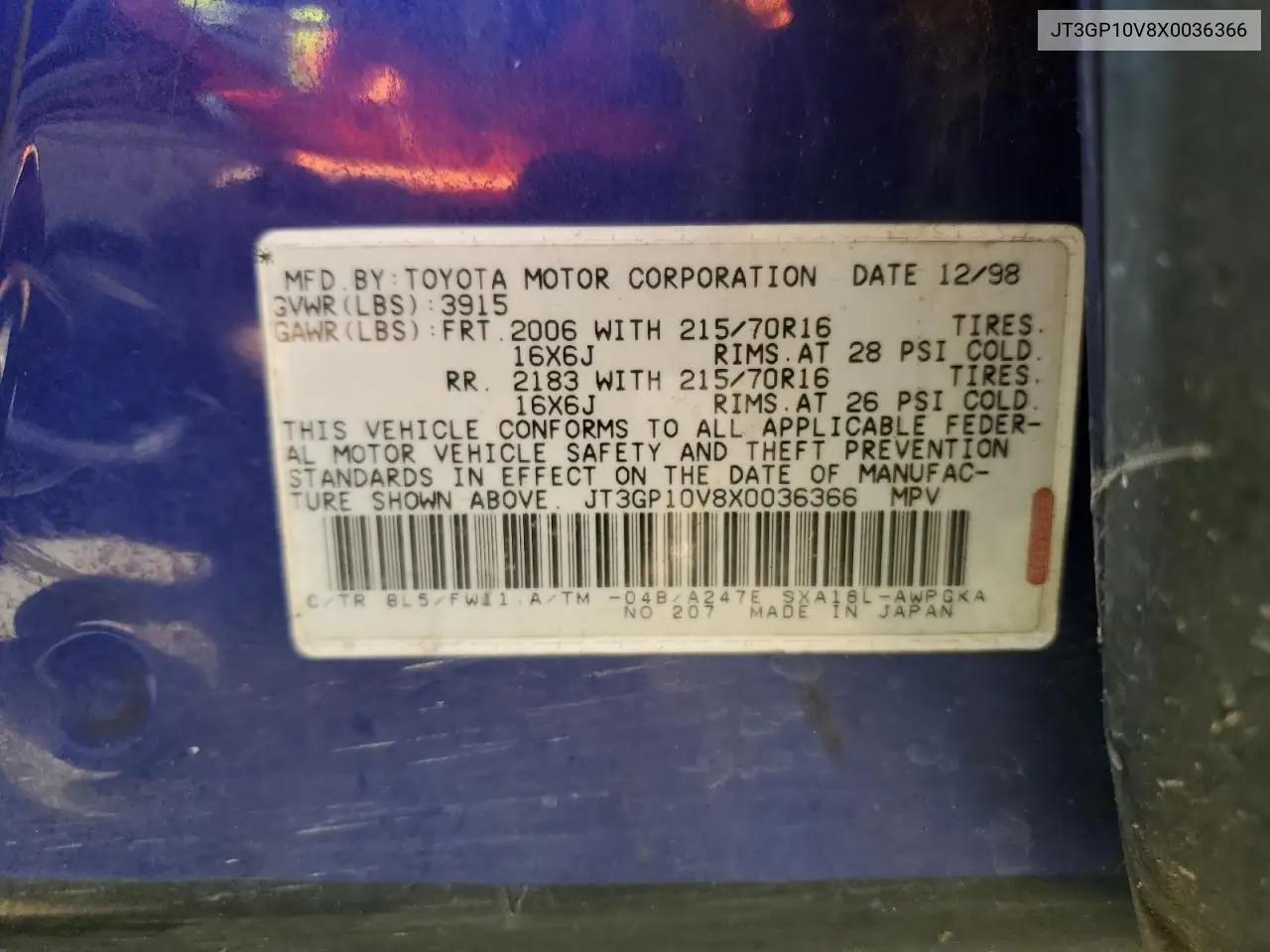 1999 Toyota Rav4 VIN: JT3GP10V8X0036366 Lot: 61864455