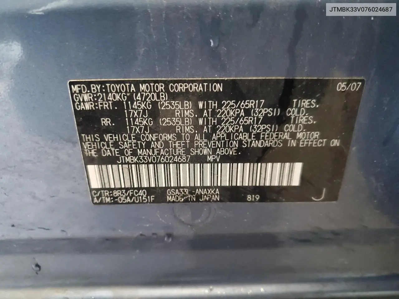 2007 Toyota Rav4 VIN: JTMBK33V076024687 Lot: 56648255
