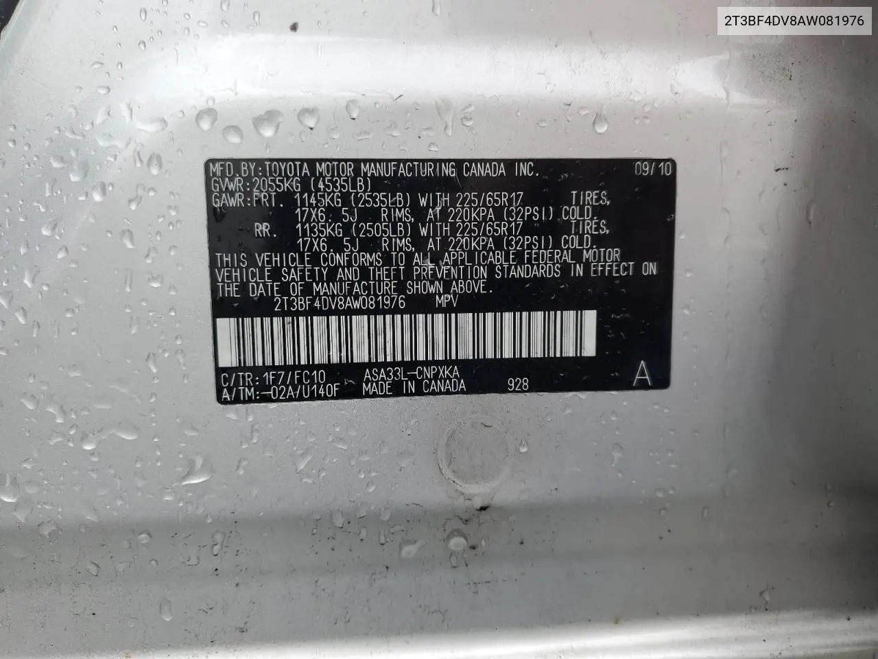 2010 Toyota Rav4 VIN: 2T3BF4DV8AW081976 Lot: 56821295