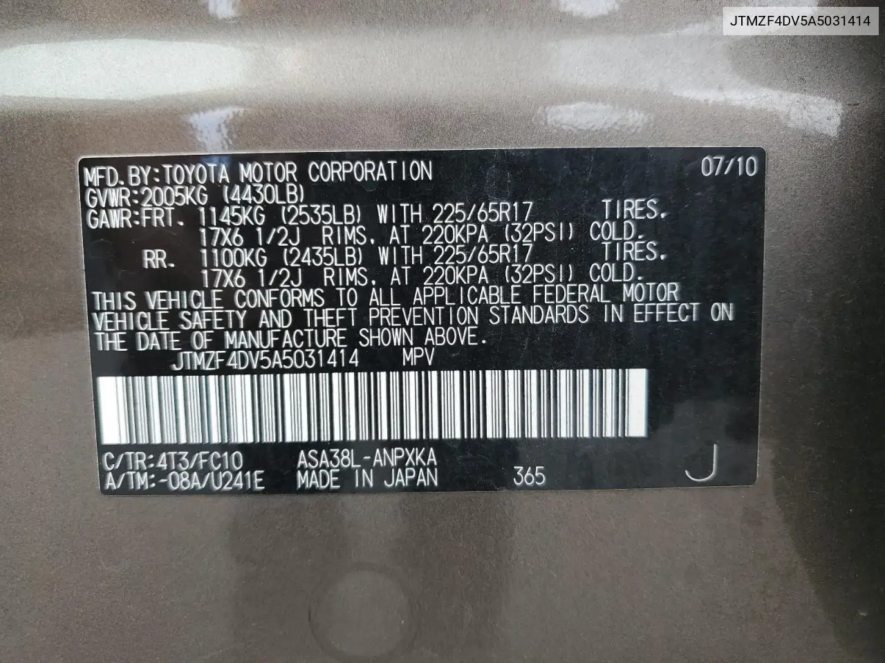 2010 Toyota Rav4 VIN: JTMZF4DV5A5031414 Lot: 62608855