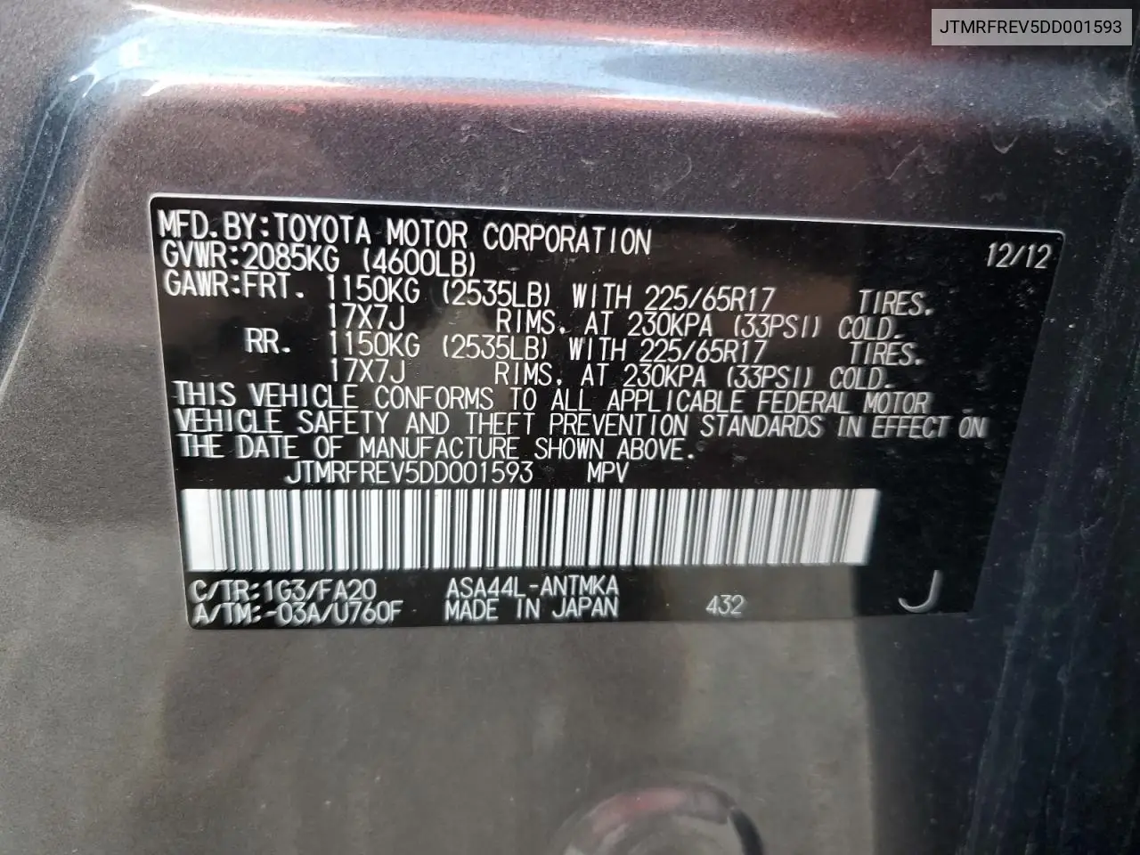 2013 Toyota Rav4 Xle VIN: JTMRFREV5DD001593 Lot: 63193385