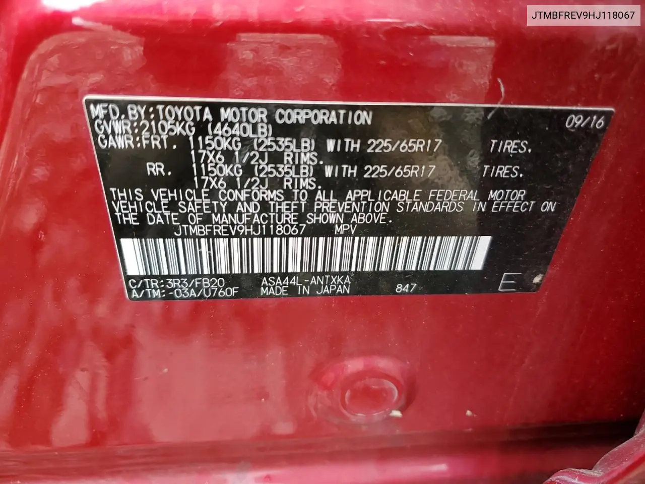 2017 Toyota Rav4 Le VIN: JTMBFREV9HJ118067 Lot: 62819085