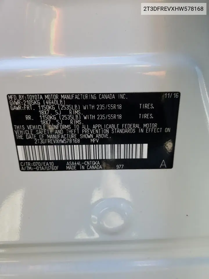 2017 Toyota Rav4 Limited VIN: 2T3DFREVXHW578168 Lot: 63052005