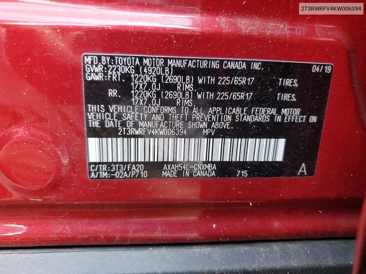2019 Toyota Rav4 Xle VIN: 2T3RWRFV4KW006394 Lot: 62928805
