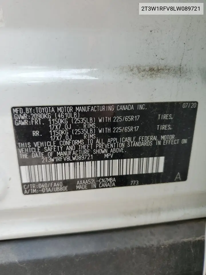 2020 Toyota Rav4 Xle VIN: 2T3W1RFV8LW089721 Lot: 55523585